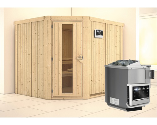 Elementsauna Karibu Malina inkl. 9 kW Bio Ofen u.ext.Steuerung ohne Dachkranz mit Holztüre und Isolierglas wärmegedämmt