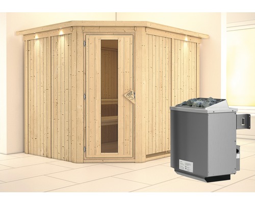 Elementsauna Karibu Malina inkl. 9 kW Ofen u.integr.Steuerung mit Dachkranz und Holztüre mit Isolierglas wärmegedämmt