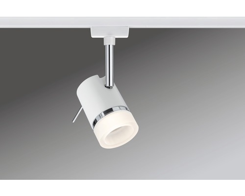 Weiße Stromschienenleuchte mit LED-Leuchtmittel an Schiene