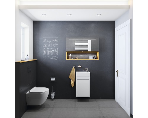 Modernes Badezimmer mit Wand-WC, Waschtisch und Spiegel