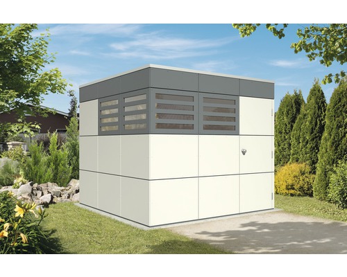 Gartenhaus aus Metall mit Fenstern im Garten