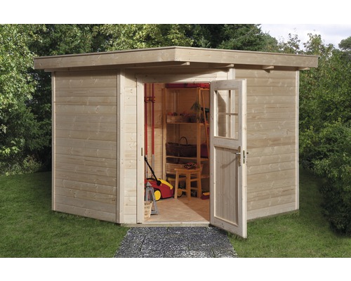 Blockbohlen-Eckhaus weka 229 mit Fußboden 270 x 270 cm natur Holzgartenhaus mit offenstehender Tür und Regal im Inneren