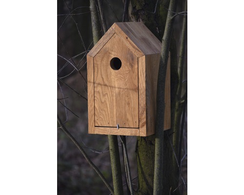 Holz-Vogelhaus am Baum befestigt