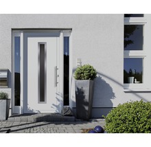 Hausfassade mit Eingangstür mit Glaselementen und seitlichen Fensterelementen