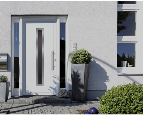 Hausfassade mit Eingangstür mit Glaselementen und seitlichen Fensterelementen