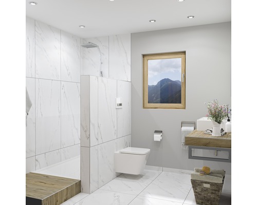 Badezimmer mit Dusche, Toilette, Waschtisch und Fenster