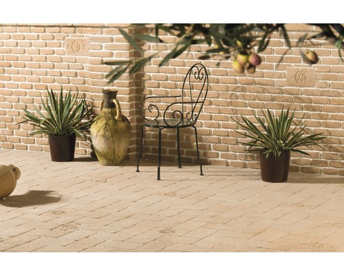 Terrasse mit Pflastersteinen, Ziegelmauer, Topfpflanzen und einem Stuhl