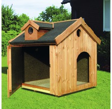 Hundehütte aus Holz mit geöffneter Tür und Dachfenster