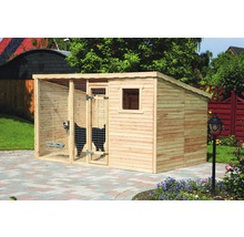 Holz Hundehütte mit Metallgitter im Garten.