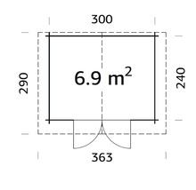 Grundrisszeichnung eines Gartenhauses mit Größenangaben