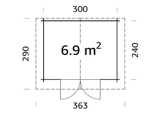Grundrisszeichnung eines Gartenhauses mit Größenangaben