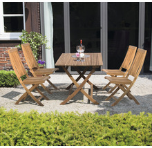 Gartensitzgruppe mit Klapptisch und vier Klappstühlen aus Holz