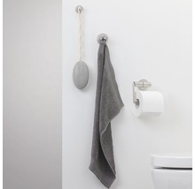 Badezimmerwand mit Haken, Handtuch, Toilettenpapierhalter und Bimsstein