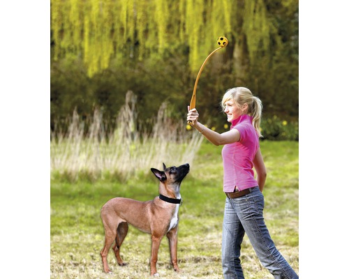 Frau wirft Ball mit Ballschleuder für einen Hund