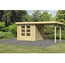 Holzgartenhaus mit Doppeltür und Carport im Garten