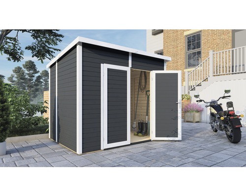 Gerätehaus Bertilo Timmo 4 mit Fußboden 251 x 200 cm anthrazit exclusiv bei Hornbach Gartenhaus mit geöffneten Türen zur Aufbewahrung von Gartengeräten