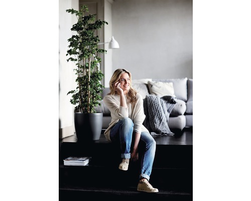 Helle, freundliche Wohnzene mit einer Frau, die auf einer Treppe sitzt, einer Zimmerpflanze im Topf und einem Sofa