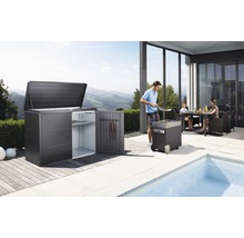 Gartenszene mit Gerätehaus, Grill und Familie am Esstisch auf der Terrasse