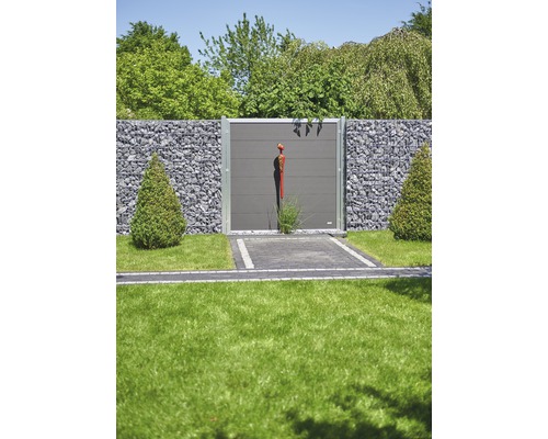 Gartenzaun mit Gabionenwand und abschließbarem Gartentor