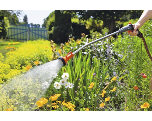 Gartenbewässerung mit einer Gartendusche in einem blühenden Garten