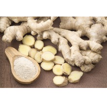 Ingwerwurzel mit Ingwerscheiben und Ingwerpulver