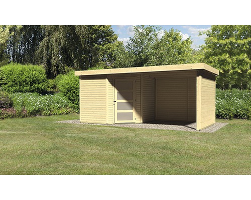 Gartenhaus Karibu Anvik 5 mit Schleppdach, Rück- und Seitenwand 503 x 262 cm natur Holzgartenhaus mit Anbau auf Rasenfläche