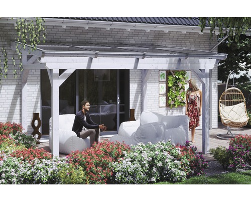 Terrassenüberdachung SKAN HOLZ Sanremo 434x300 cm weiß Überdachte Terrasse mit Sitzgelegenheiten und Dekoration im Garten