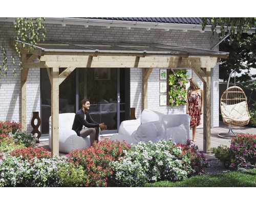 Terrassenüberdachung SKAN HOLZ Sanremo 434x350 cm natur Holzpergola mit Sitzgruppe im Garten