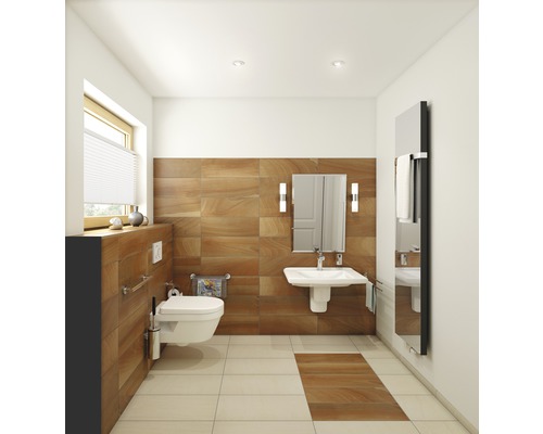 Badezimmer mit Toilette, Waschbecken, Spiegel, Handtuchheizkörper und Fliesen
