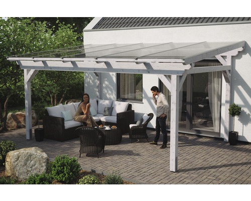 Terrassenüberdachung SKAN HOLZ Sanremo 541x250 cm weiß Überdachte Terrasse mit Holzrahmen und Glasdach sowie Sitzgelegenheit