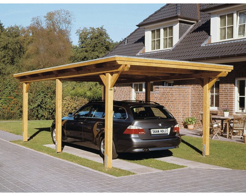 Einzelcarport SKAN HOLZ Emsland 354x604 cm mit EPDM-Folie natur Holzcarport mit Auto auf Einfahrt