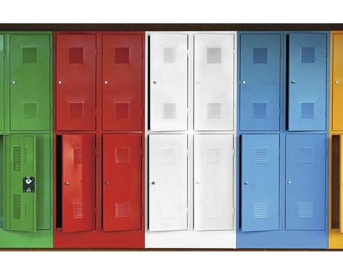 Schließfächer aus Metall in einer Reihe, einige Türen sind geöffnet