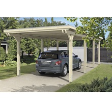 Einzelcarport aus Holz mit Auto im Hof.