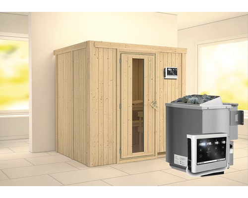 Elementsauna Karibu Bodina inkl. 9 kW Bio Ofen u.ext.Steuerung ohne Dachkranz mit Holztüre und Isolierglas wärmegedämmt