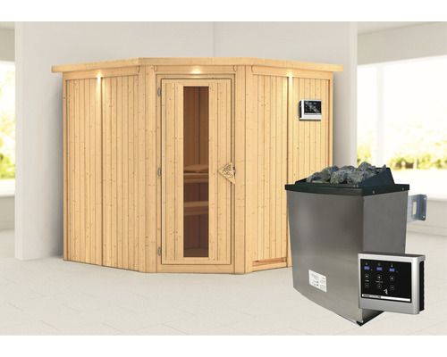 Elementsauna Karibu Piemon inkl. 9 kW Ofen u.ext.Steuerung mit Dachkranz und Holztüre mit Isolierglas wärmegedämmt