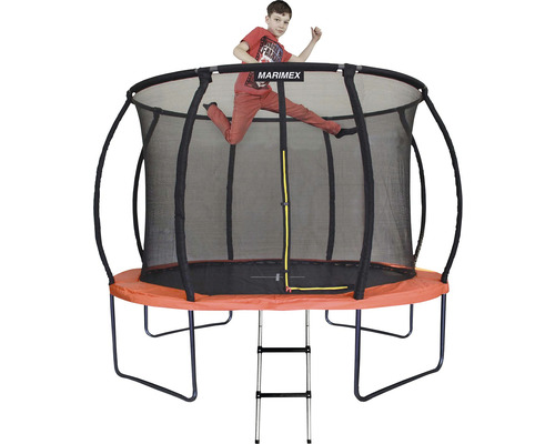 Trampolin mit Sicherheitsnetz und Leiter, ein Kind springt