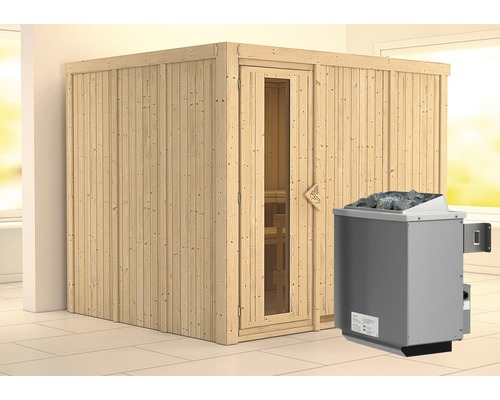 Elementsauna Karibu Gobina inkl. 9 kW Ofen u.integr.Steuerung ohne Dachkranz mit Holztüre und Isolierglas wärmegedämmt