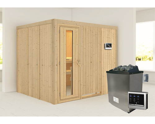 Elementsauna Karibu Gobina inkl. 9 kW Ofen u.ext.Steuerung ohne Dachkranz mit Holztüre und Isolierglas wärmegedämmt