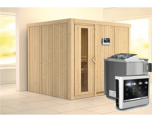 Elementsauna Karibu Gobina inkl. 9 kW Bio Ofen u.ext.Steuerung ohne Dachkranz mit Holztüre und Isolierglas wärmegedämmt