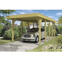 Holz Carport mit geparktem Auto im Garten