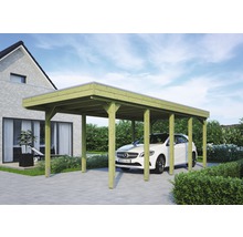 Freistehender Carport aus Holz mit Auto auf gepflastertem Untergrund