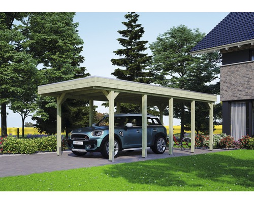 Einzelcarport SKAN HOLZ Friesland 314x708 cm mit Aluminium-Dach tauchimprägniert Carport aus Holz mit einem Auto davor in einer Gartenszene.