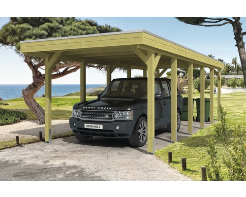 Einzelcarport SKAN HOLZ Friesland 314x860 cm mit Aluminium-Dach tauchimprägniert Auto unter einem Holzcarport