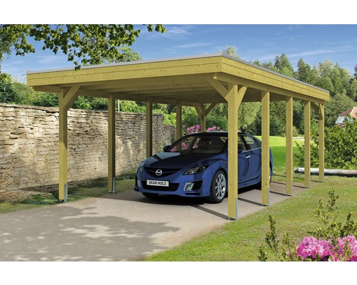 Einzelcarport SKAN HOLZ Friesland 397x708 cm mit Aluminium-Dach tauchimprägniert Holz Carport mit geparktem Auto