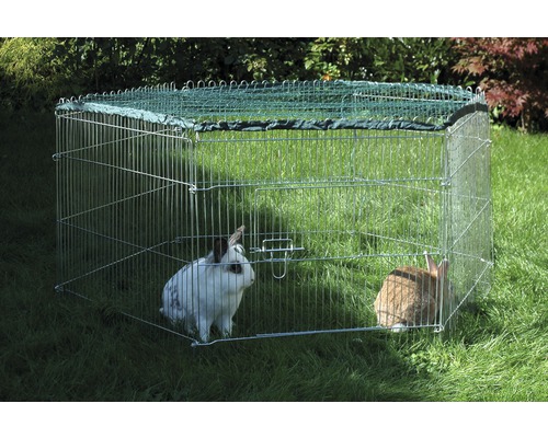 Freilaufgehege mit zwei Kaninchen im Garten
