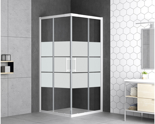 Eckeinstieg mit Schiebetür Form & Style Samoa 800-900x1950 mm Dekorglas weiß Eckdusche mit Milchglaselementen in einem modern gestalteten Badezimmer.