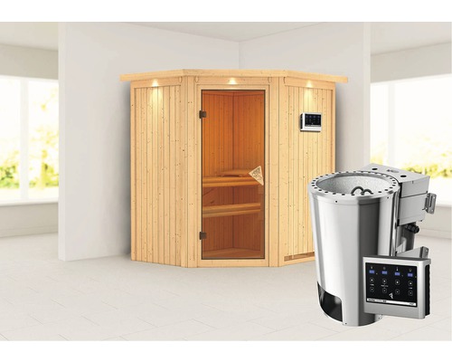 Plug & Play Sauna Karibu Achat III inkl. 3,6 kW Bio Ofen u.ext.Steuerung mit Dachkranz und bronzierter Ganzglastüre