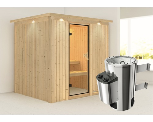 Plug & Play Sauna Karibu Achat VIII inkl. 3,6 kW Ofen u.integr.Steuerung mit Dachkranz und bronzierter Ganzglastüre