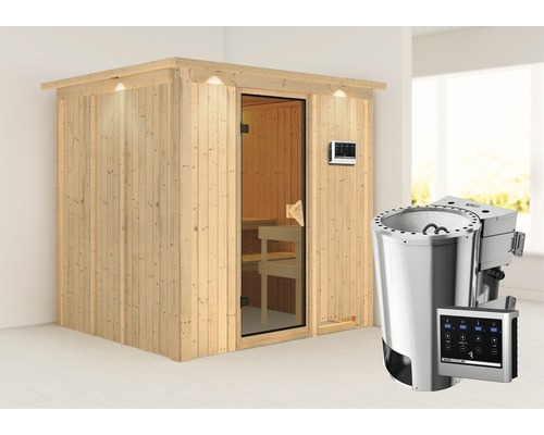 Plug & Play Sauna Karibu Achat VIII inkl. 3,6 kW Bio Ofen u.ext.Steuerung mit Dachkranz und bronzierter Ganzglastüre