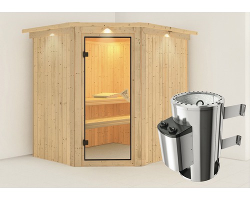 Plug & Play Sauna Karibu Achat VII inkl. 3,6 kW Ofen u.integr.Steuerung mit Dachkranz und bronzierter Ganzglastüre
